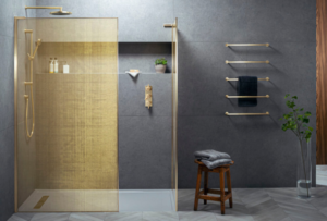 a shower with a glass door